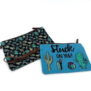 Cactus Print Pouches Set of 2 Cosmetic Makeup Pencil Accessory Travel Bags
